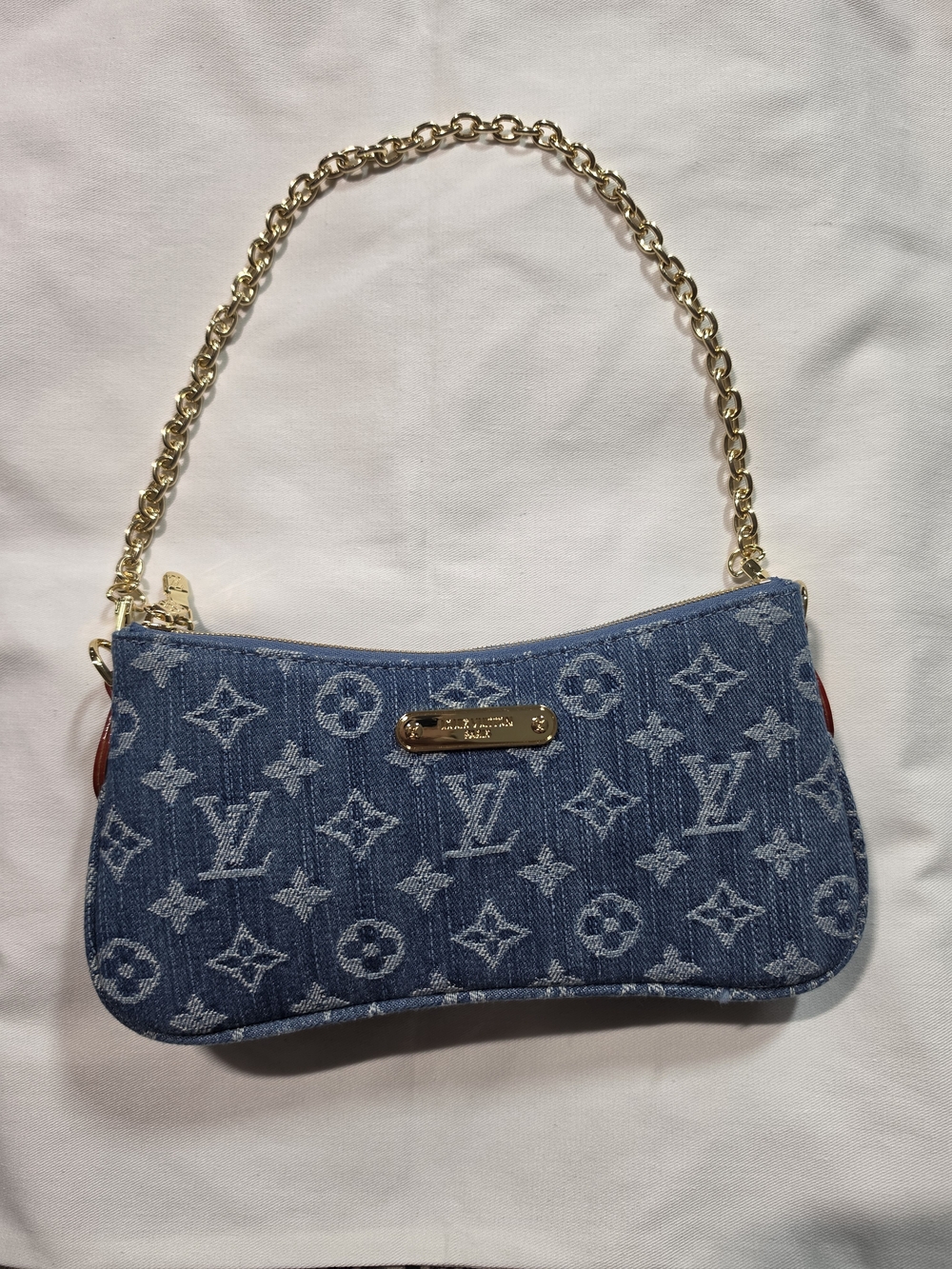 Blue Denim Monogram Mini Shoulder Bag with Gold Chain